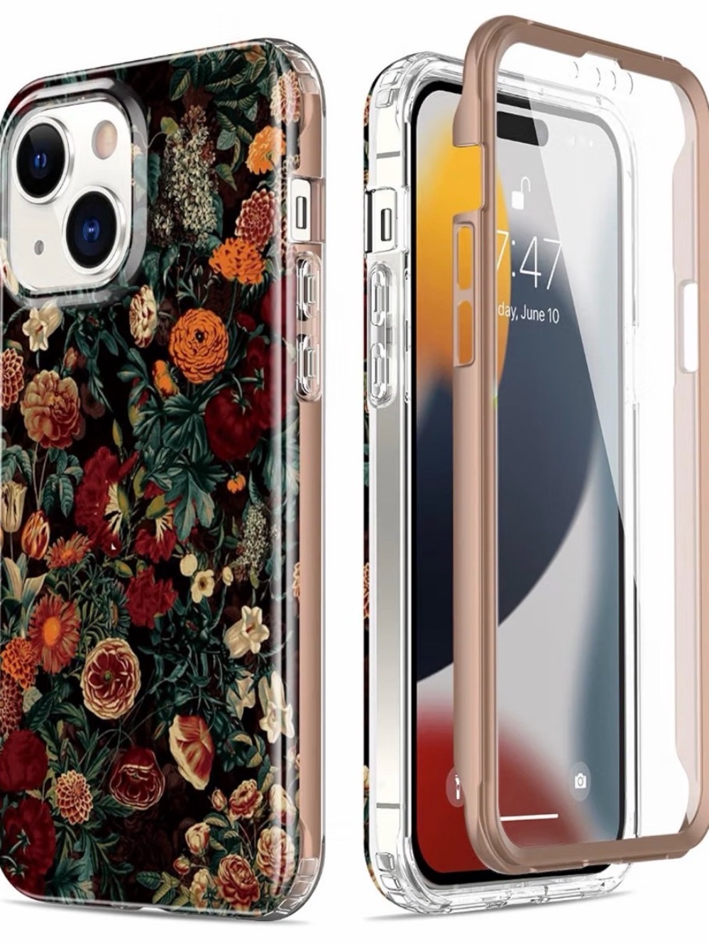 Floral Protective Phone Case - Black with Red & Pink Flowers iPhone 15